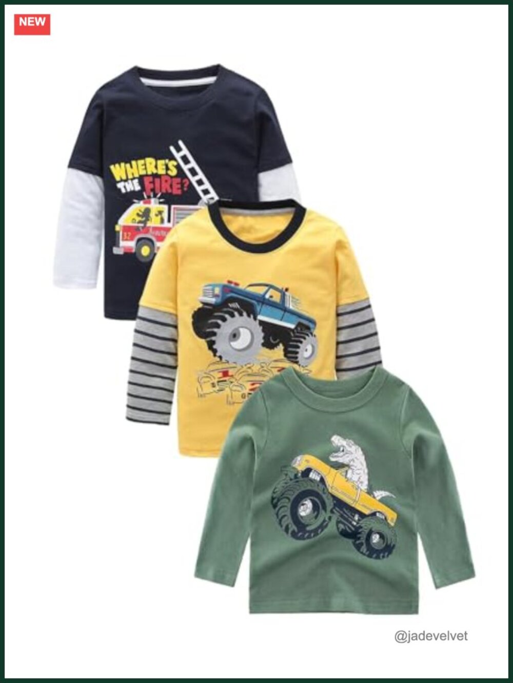 3 Pack Boys Long Sleeve Cotton T-Shirts Casual Crewneck Tees Toddler Kids